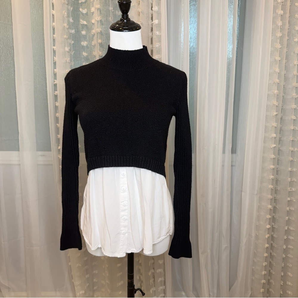 The Clothing Company Black Mock Turtleneck Sweater with Faux White Button Down